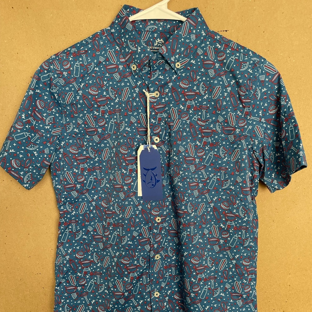 Southern Tide Boys Short Sleeve Button-Down – BBQ Print | Size L (12–14) | NWT